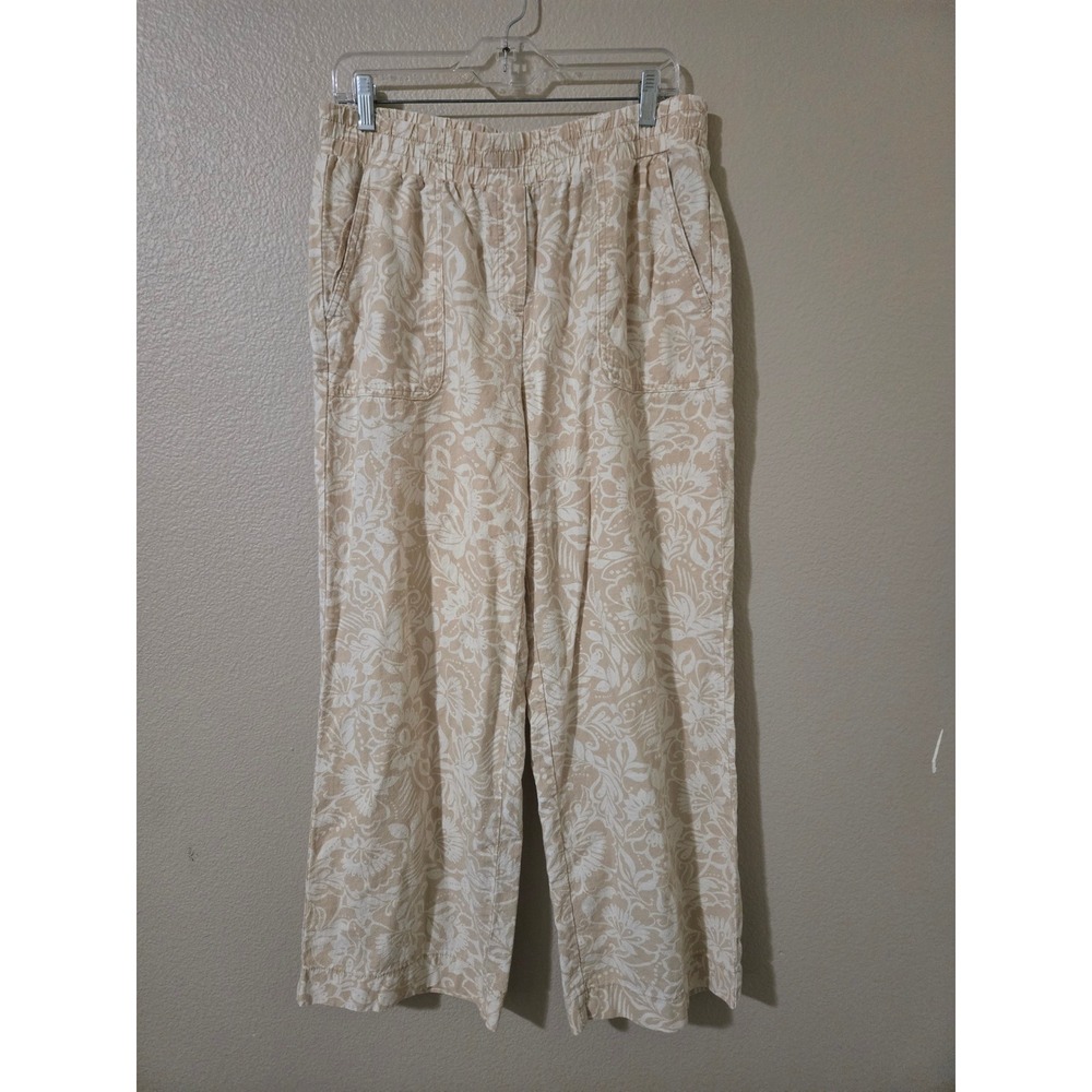 Rafaella  Beige Floral Linen Blend Wide Leg Elastic Waist Pants Large